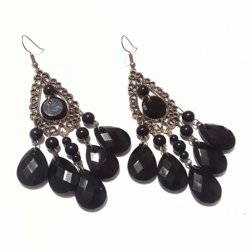 Gunmetal Silver Filigree and Black Bead Chandelier Earrings - Picture 6 of 8